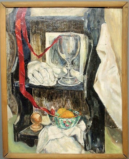 Unusual abstract oil on masonite still life paint: Unusual abstract oil on masonite still life painting of a chalice and hand, unsigned. 19.5”x15.5”