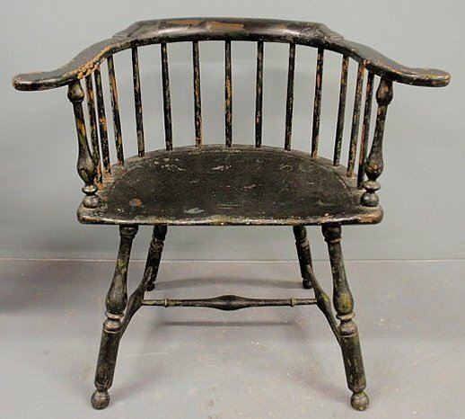 Philadelphia Windsor bow-back armchair, c.1780, w: Philadelphia Windsor bow-back armchair, c.1780, with baluster turned arm supports and turned legs joined by a stretcher base. 30”h.x30”w.x16.5”d., seat 18.5”h.