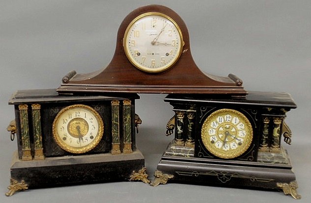 Three wood cased mantel clocks, one by Ingraham, o: Three wood cased mantel clocks, one by Ingraham, one by Sessions, one unmarked. As found.