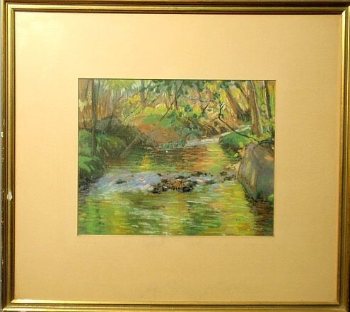 Greene, Albert Van Nesse [American/Pennsylvania, 1: Greene, Albert Van Nesse [American/Pennsylvania, 1887-1971] pastel landscape drawing of a wooded creek, probably the Pine Creek, Chester Springs, PA, unsigned, given to the consignor’s father by the