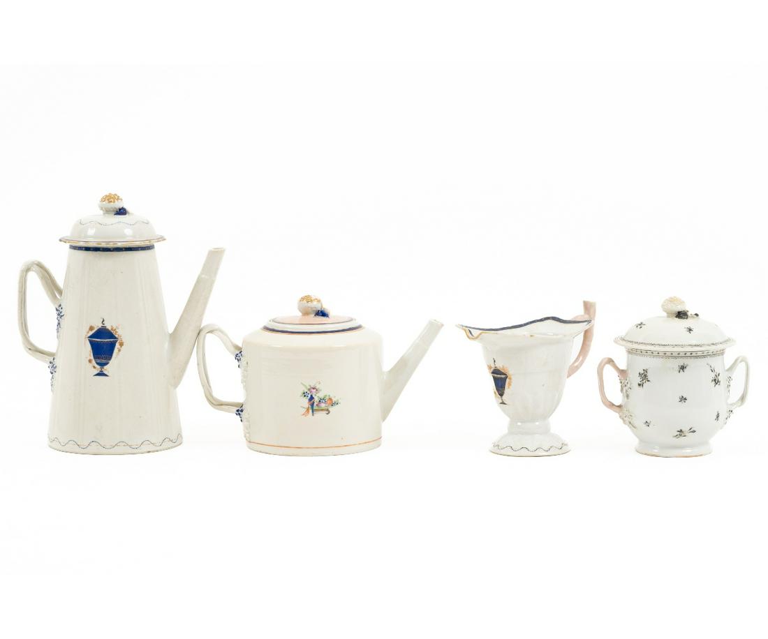 CHINESE PORCELAIN TABLEWARE: Four pieces of Chinese porcelain tableware, 18th c., to include a lighthouse coffee pot and matching creamer; a teapot and a covered sugar bowl. Coffee pot: 9.5"h x 8"w