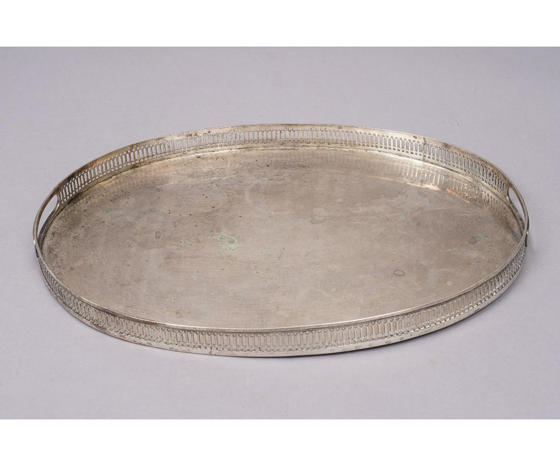 OVAL STERLING SILVER PLATTER: Oval sterling silver platter (tested), with marks, probably 19th c. 1"h x 15"w x 11.25"d / 25 troy oz