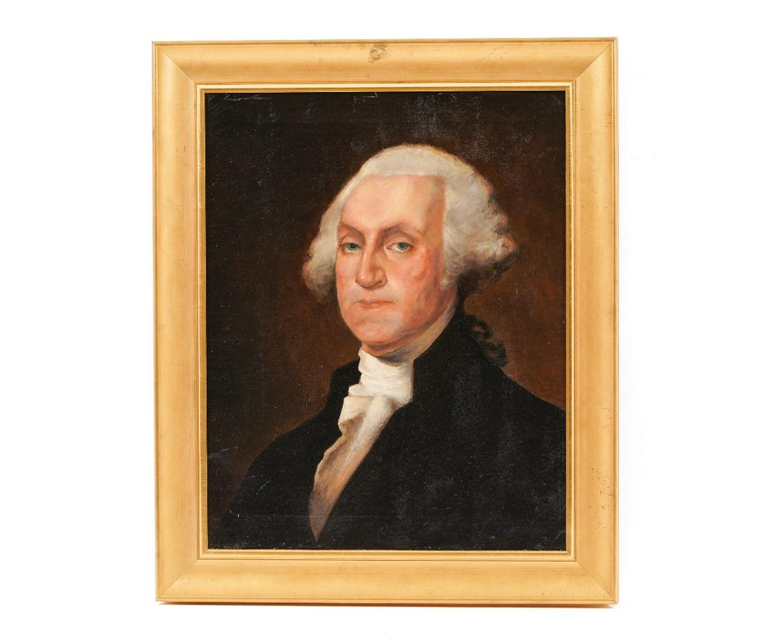 WASHINGTON PORTRAIT: Oil on canvas portrait of George Washington, circa 1840, after Gilbert Stuart. Provenance: WAI Auction Nov. 2010, lot # 632 23" x 18" ss / 28.5" x 23.5" oa