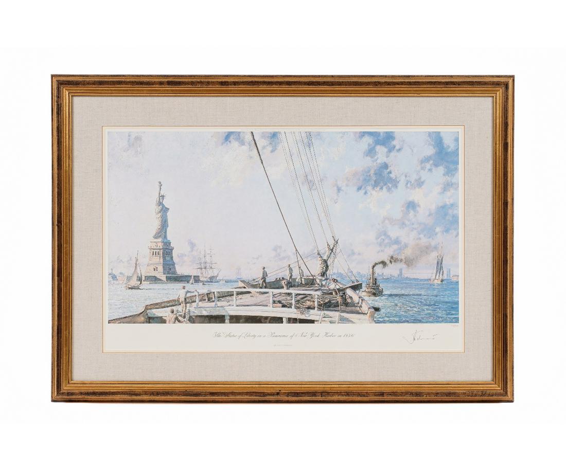 JOHN STOBART PRINT: John Stobart (b. 1929, American) framed and matted print titled "The Statue of Liberty in a Panorama of New York Harbor in 1886", limited edition #445/950, pencil signed by the artist.21" x 33.5" ss /