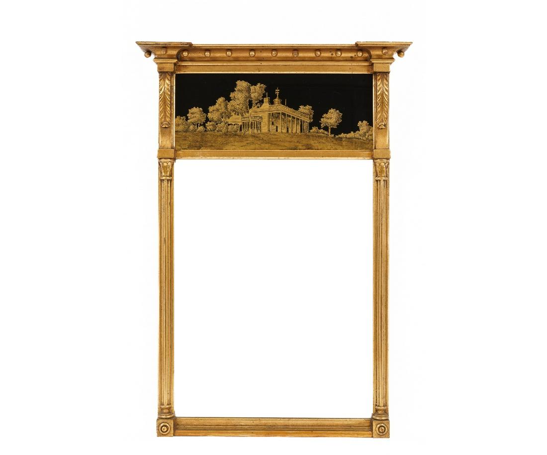 FEDERAL STYLE GILT MIRROR: Federal style gilt mirror with glass tablet of Mount Vernon. 38.25" x 26.5" oa