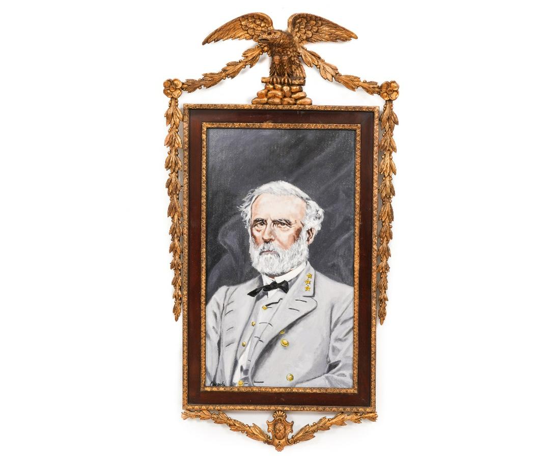 OIL ON BOARD PORTRAIT: Oil on board portrait of Robert E. Lee mounted in a Chippendale style frame with eagle finial, 20th c. 23.25" x 13.25" ss / 39.5" x 21" oa