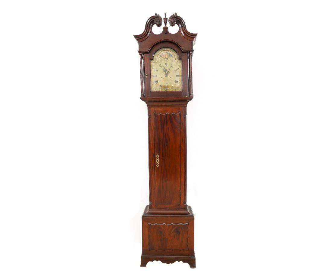 CHIPPENDALE TALL CASE CLOCK: Chippendale mahogany tall case clock with brass moon dial and 8-day works, signed "JN (John) Wood, Philadelphia". John Wood (1736-1793). 95.5"h x 23"w x 11.5"d