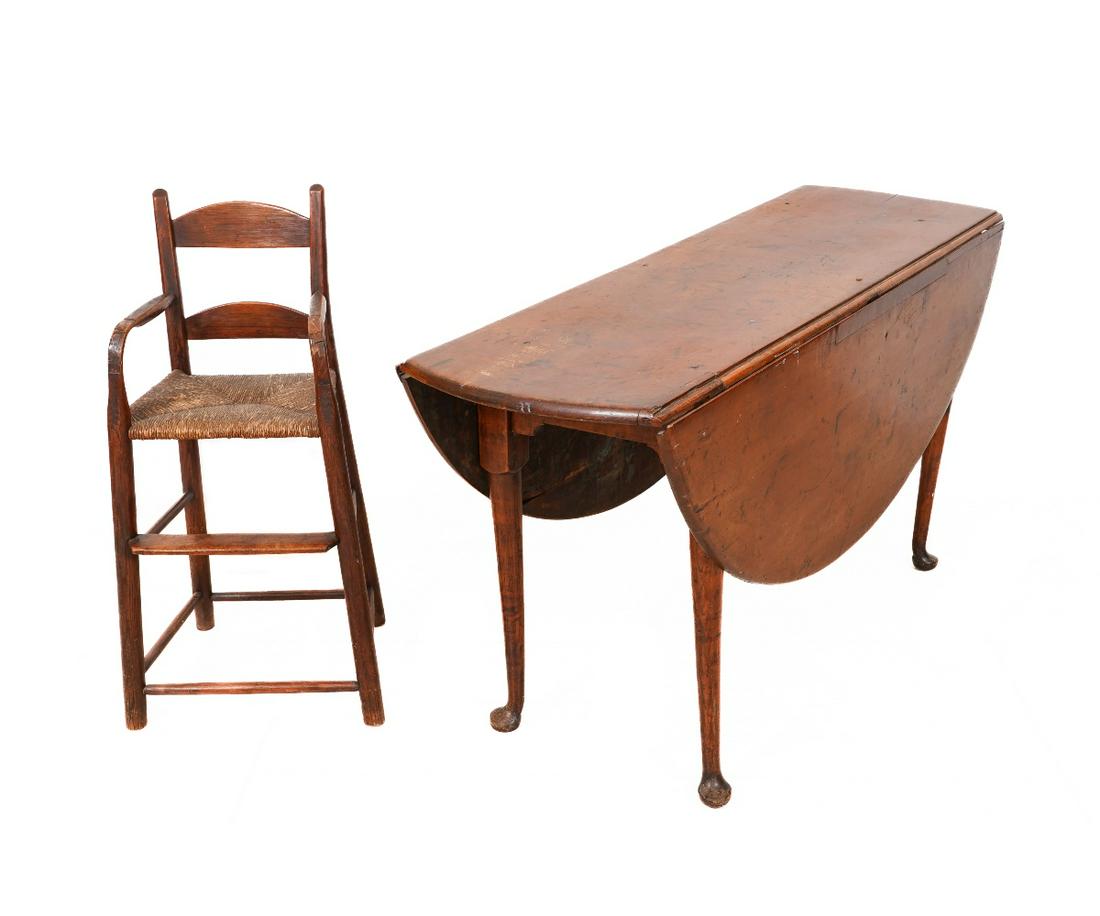 NEW ENGLAND QUEEN ANNE TABLE: New England Queen Anne maple drop-leaf table, circa 1760, with restorations; together with a child's bent wood high chair, 19th c. Table: 26"h x 48"l x 47"w Chair: 31"h x 12"w x 10"d / 20" SH