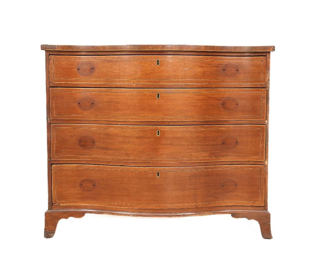 PHILADELPHIA CHEST OF DRAWERS: Philadelphia Hepplewhite serpentine front , mahogany inlaid chest of drawers, circa 1790. 36.25"h x 43"w x 23.5"d