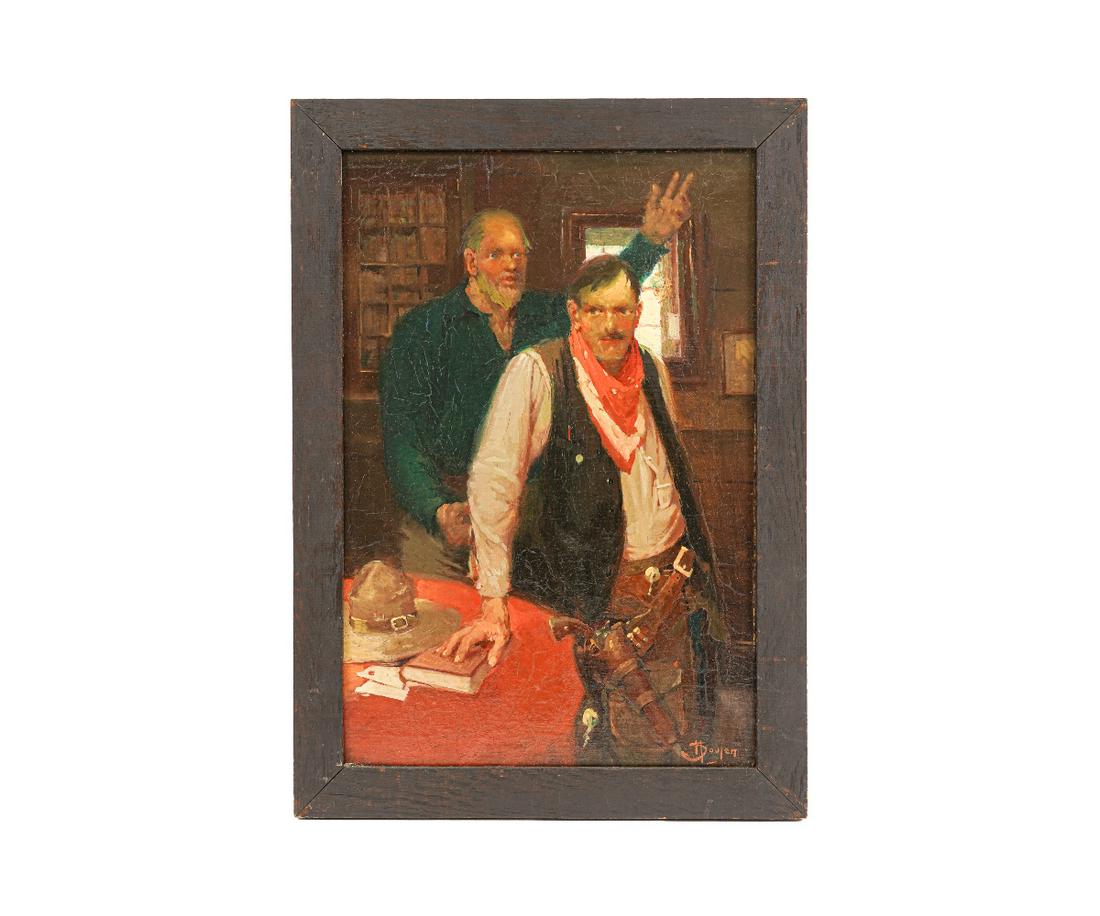 HENRY J. SOULEN OIL ON CANVAS: Henry James Soulen (1888-1965) American illustrator artist, oil on canvas of cowboys, signed lower right, titled on the stretcher "The One-Way Trail"; together with the book of the same title by Ridgw