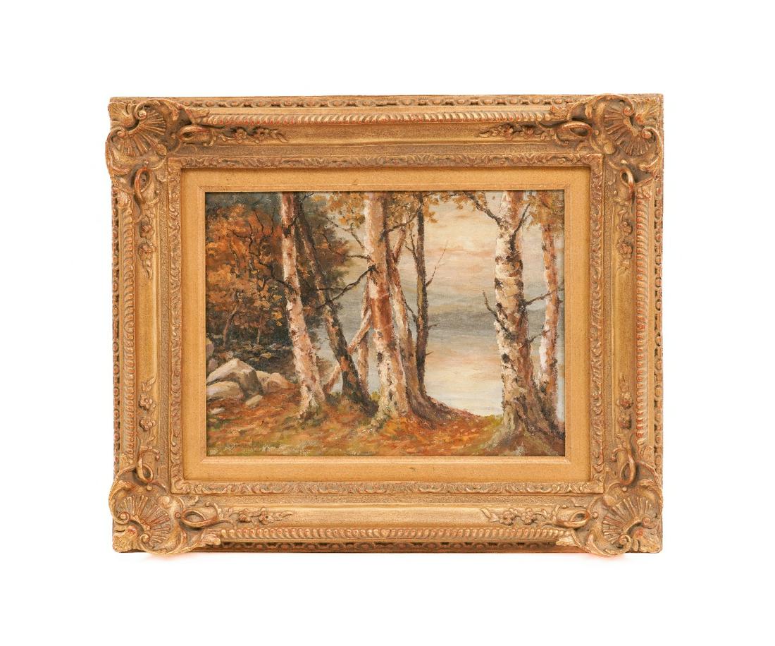 ALEXANDER CONVERSE MORGAN OIL ON CANVAS: Alexander Converse Morgan (1849-1933, NY/OH) oil on canvas titled "White Birches - Lake Tarleton" (New Hampshire) with Salmagundi Club Exhibition label. 11.5" x 15.5"ss / 19.25" x 23" oa