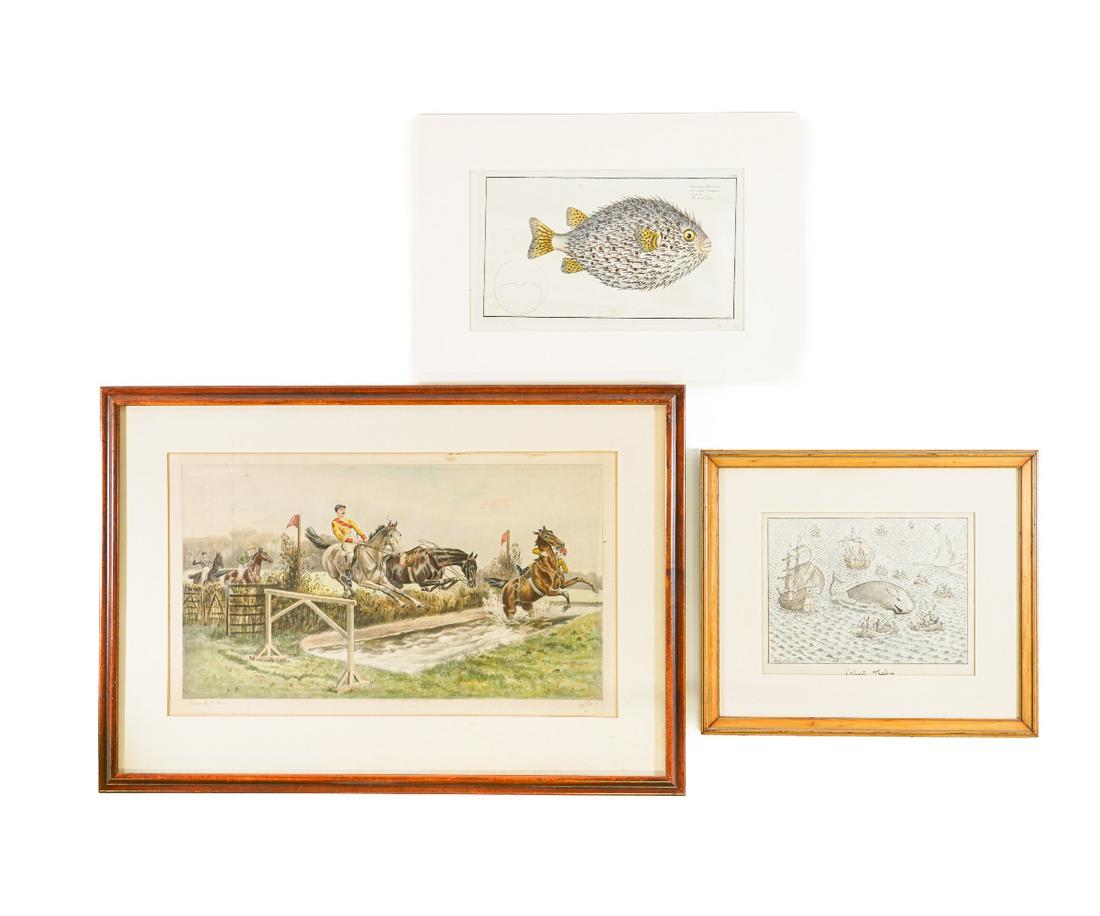 STEEPLECHASE PRINT: Steeplechase print framed and matted after John Beer plate #3; whale print, Adrian Collaert; and an unframed puffer fish print. Largest: 13" x 23" ss / 22.5" x 32.5" oa