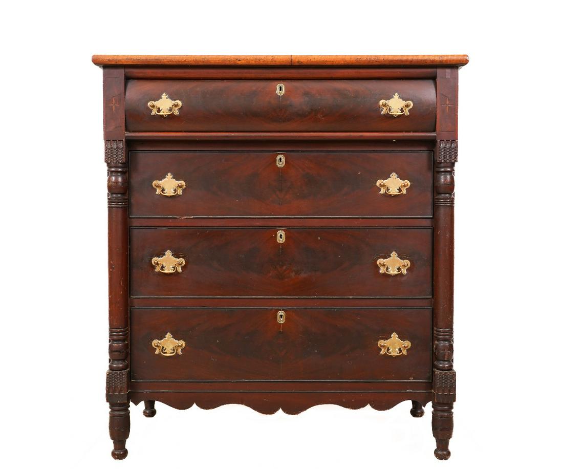 SHERATON CHEST OF DRAWERS: Late Sheraton mahogany veneered chest of drawers, circa 1840, with inlaid stars and scalloped skirt. 46.5"h x 41.75w x 22.5"d