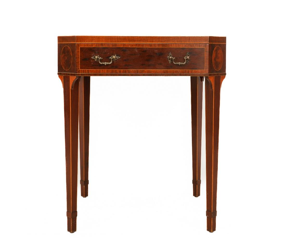 SCHMIEG & KOTZIAN TABLE: Schmieg & Kotzian Hepplewhite style mahogany inlaid table, labeled. Similar to lot #107. 28"h x 23.75"w x 23"d