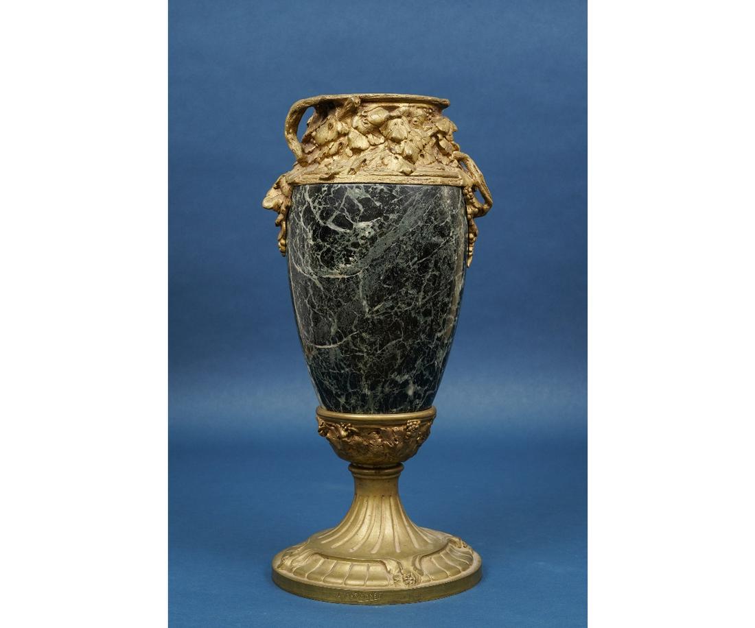 ALBERT MARIONNET URN: Albert Marionnet bronze and marble urn with brass cannister insert. 21.5"h x 10"dia / 40 lbs.