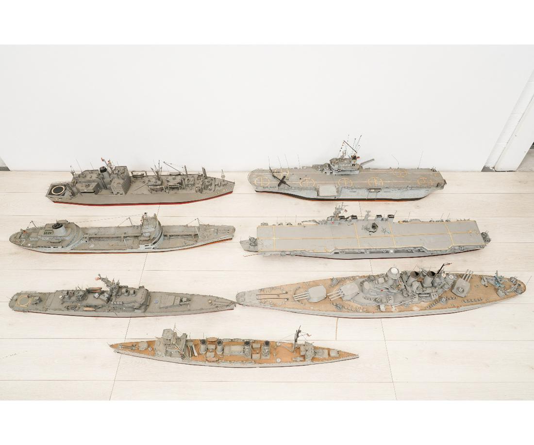 SHIP MODELS: U.S. Naval Fleet scratch built from old cigar boxes, spools, etc. to include a USS Butte (AE-27); Oiler USS Maumee (AO-149); Frigate USS Bainbridge (DLGN-25); two aircraft carriers, Guadalcanal and In