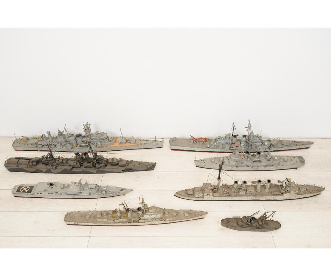 SHIP MODELS: U.S. Naval Fleet scratch built from old cigar boxes, spools, etc. to include USS Canberra (CAG-2); Heavy cruiser USS Wichita (CA-45); USS Galveston (CLG-3); Terror; Oliver Hazard Perry (109); Marblehe