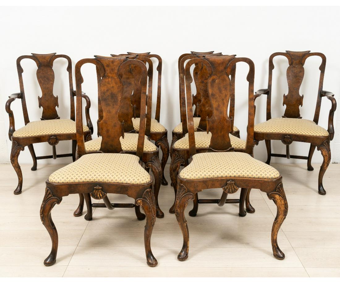 QUEEN ANNE STYLE DINING CHAIRS: Queen Anne style burl walnut dining room chairs, circa 1920, with slip seats, two arm chairs (41"h x 23.25"w x 19.5"d / 17.5" sh) and six side chairs (41"h x 21"w x 17"d / 17.5" sh).