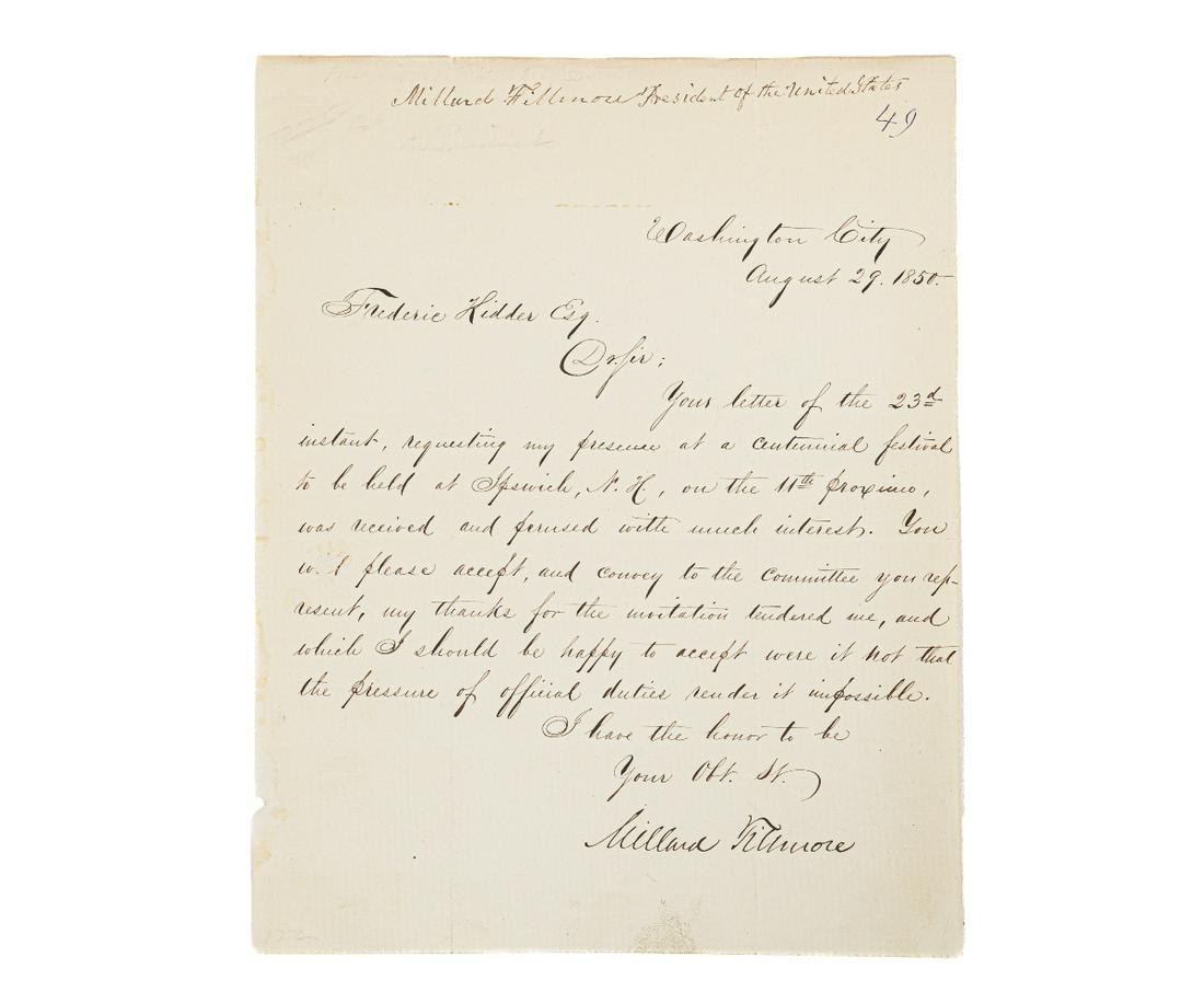 PRESIDENT MILLARD FILLMORE LETTER: President Millard Fillmore letter to Frederic Kidder, Esquire dated "Washington City, August 29, 1850", regarding a social engagement and signed "... Your Obedient (obt.) Servant (St.) Millard Filmore