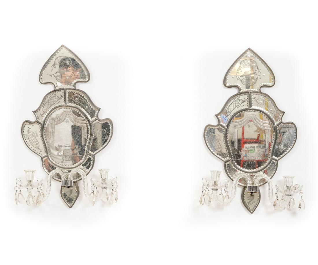 PAIR VENETIAN MIRRORED SCONCES: Pair of Venetian mirrored back wall sconces, circa 1940's, each decorated with swags and birds. 26"h x 15"w