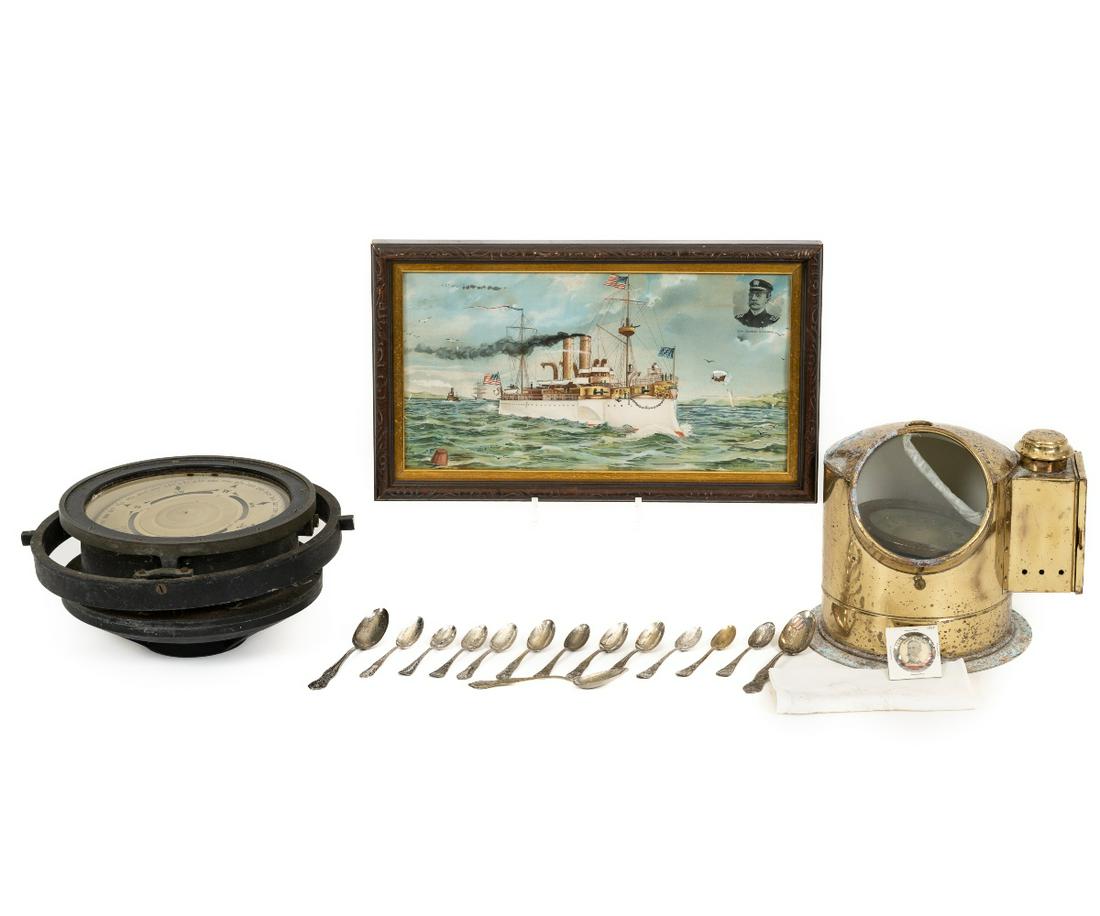 NAUTICAL GROUPING: Nautical grouping to include a compass with binnacle attachment; US Navy life boat compass by Lionel Corp. (marked 1940); print of the USS Maine, 1898; metal pinback of Admiral Sampson; silver plate t