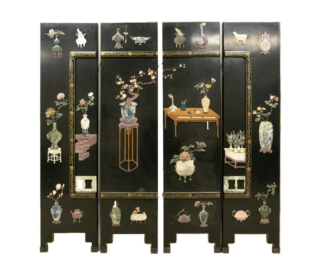 CHINESE BLACK LACQUER SCREEN: Chinese black lacquer over wood four-panel screen, early 20th c., with carved jade and other hard stone relief figures of potted flowers, objects etc. 72"h x 18"w (each panel)