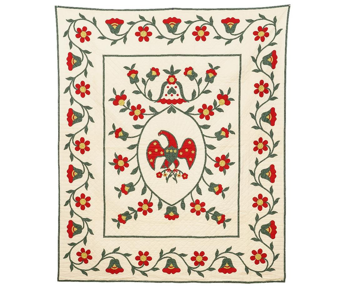 APPLIQUE QUILT: Colorful hand stitched applique quilt with eagle, vines and tulips, signed C.L.S. 1963. 99"h x 82"w