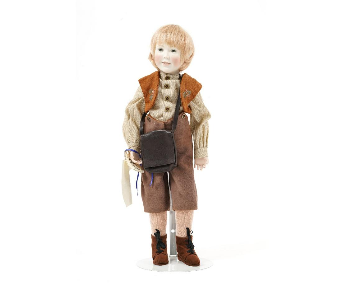 LYNNE & MICHAEL ROCHE "STEPHEN AS HANSEL": "Stephen as Hansel (Hansel and Gretl)" artist doll by Lynne & Michael Roche, limited edition #6/25 dated 2000, original tag, porcelain head, hands arms, articulated wooden body and Stephen's leather s
