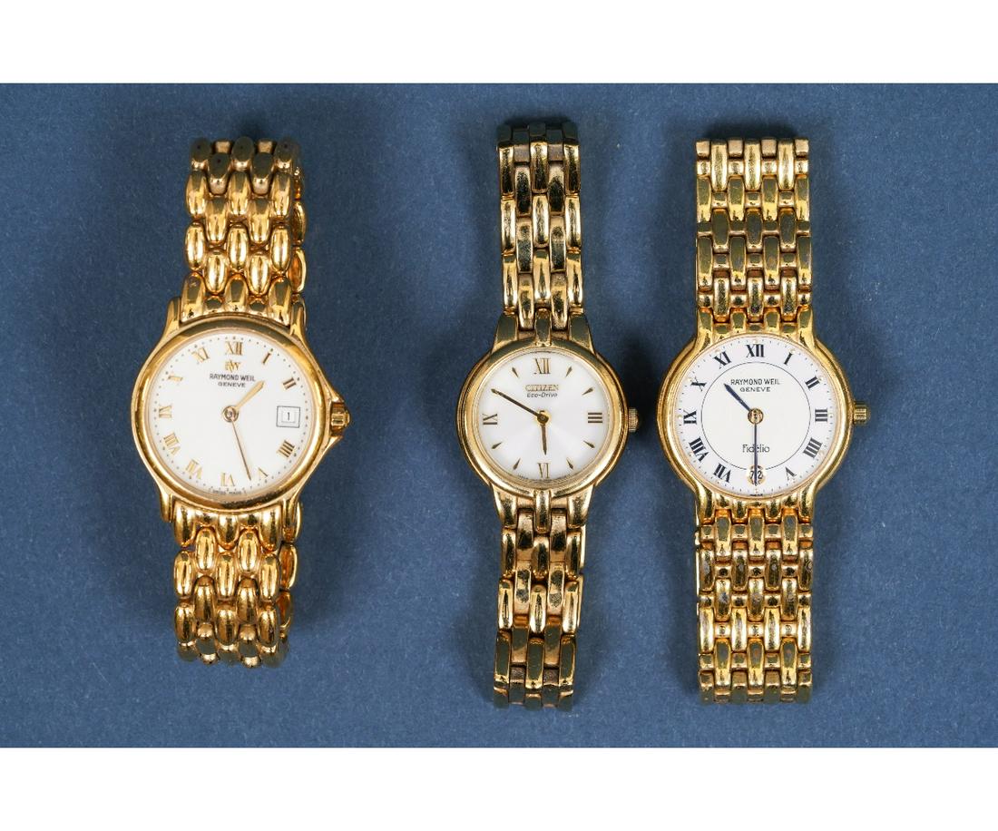 RAYMOND WEIL LADIES WATCHES: Two Raymond Weil ladies gold filled watches to include a Fidelio 4702; together with a Citizens Eco-Drive watch. All approximately: 5.75"l