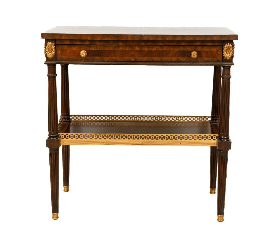 MAITLAND-SMITH TABLE: Maitland-Smith Sheraton style mahogany end table with single drawer, side pull out slides, and lower brass gallery. 28.5"h x 28"w x 15"d