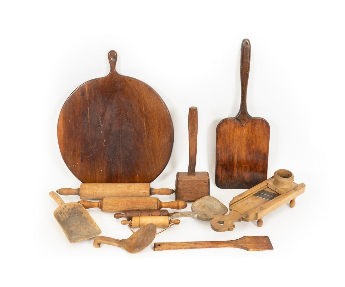 WOODEN KITCHEN UTENSILS/OBJECTS: Wooden kitchen objects/utensils to include a maple slaw board, mallet, rolling pins, boards, etc. Large round board: 22.5"l x 18"w