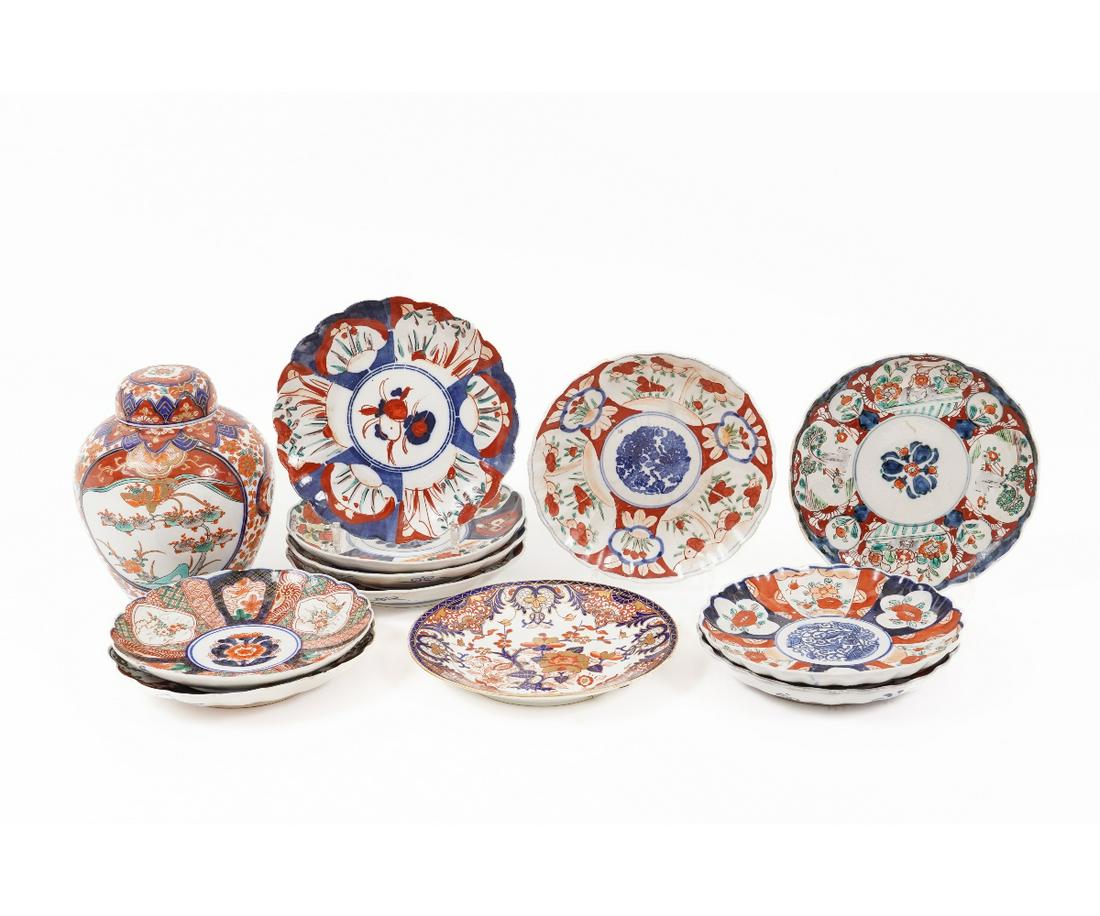 JAPANESE IMARI: Japanese Imari ginger jar; together with assembled set of ten plates and a Royal Crown Derby plate. Ginger jar: 8.75"h x 6.5"dia