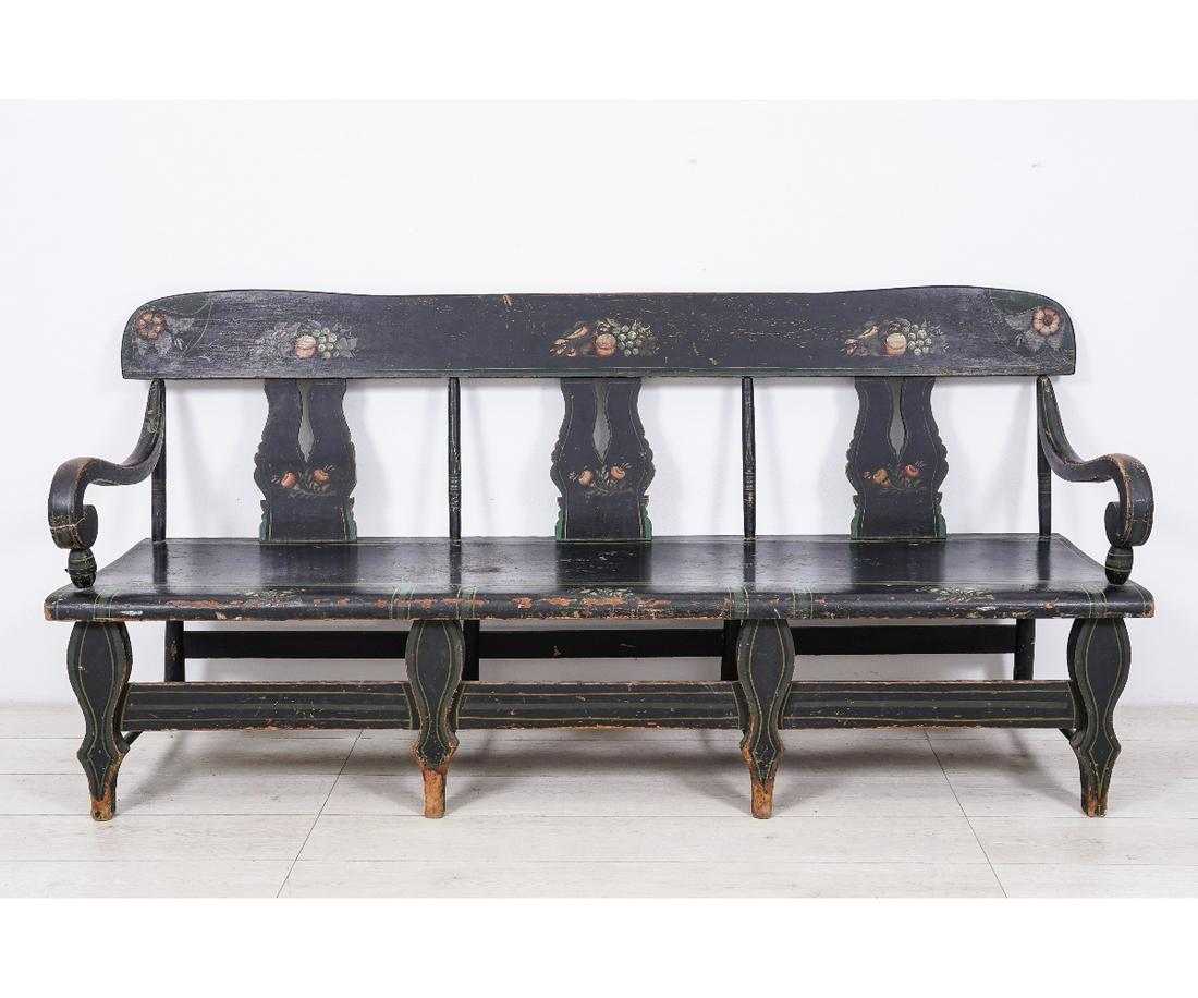 PLANK BOTTOM SETTEE: Pennsylvania plank bottom settee, circa 1840, with paint and stencil decoration. 36.5"h x 79"l x 20.5"d / 17" sh