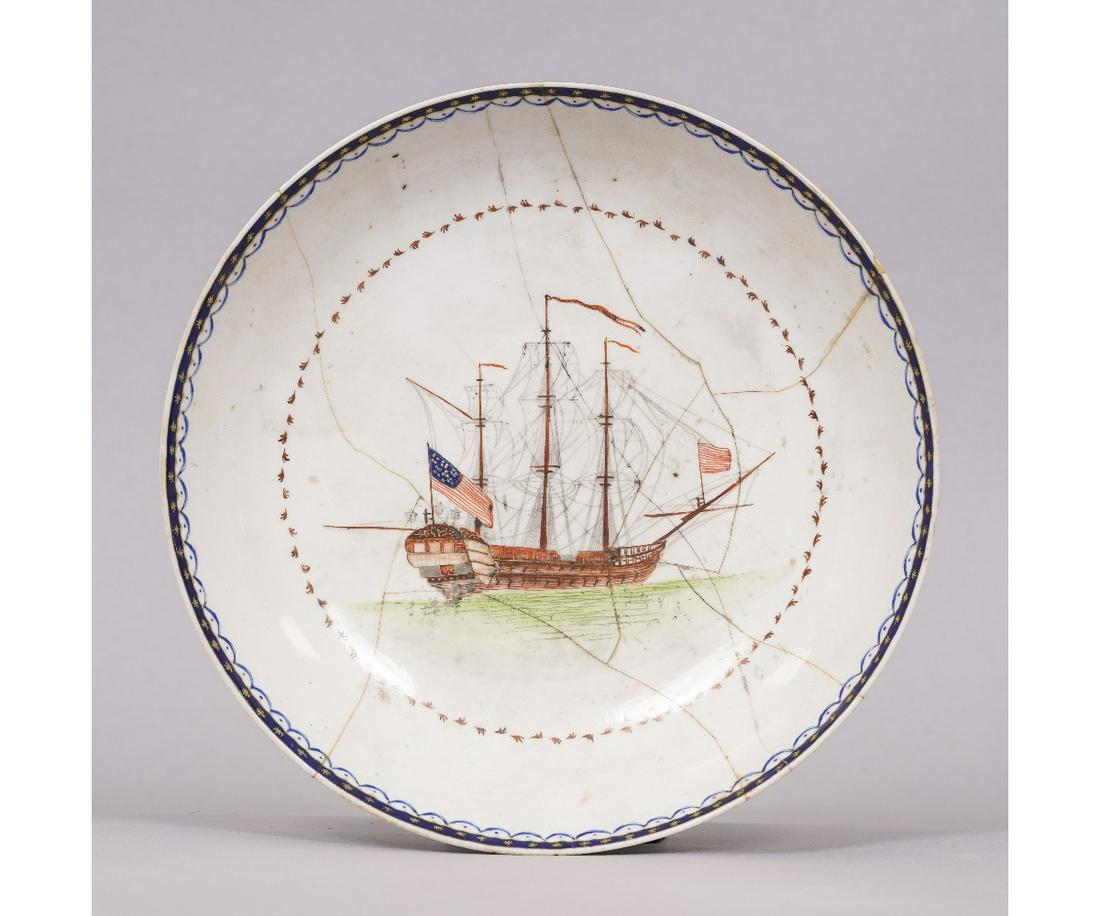CHINESE PORCELAIN DISH: Chinese porcelain deep dish with frigate, 18th c., made for the American market. 1.5"h x 8.25"dia