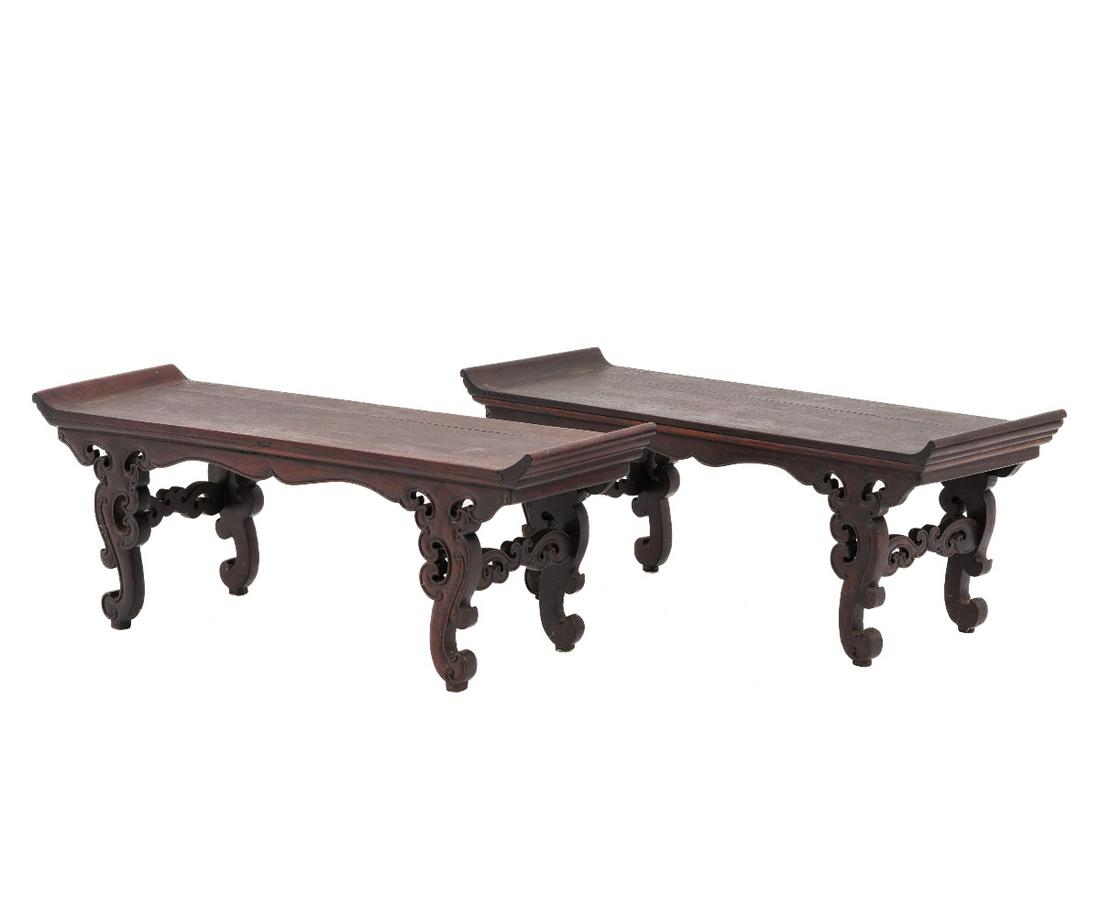 PAIR SMALL ALTAR TABLES: Pair of Chinese carved small altar tables/shelves each with scroll carved legs. 8"h x 21"l x 7"w