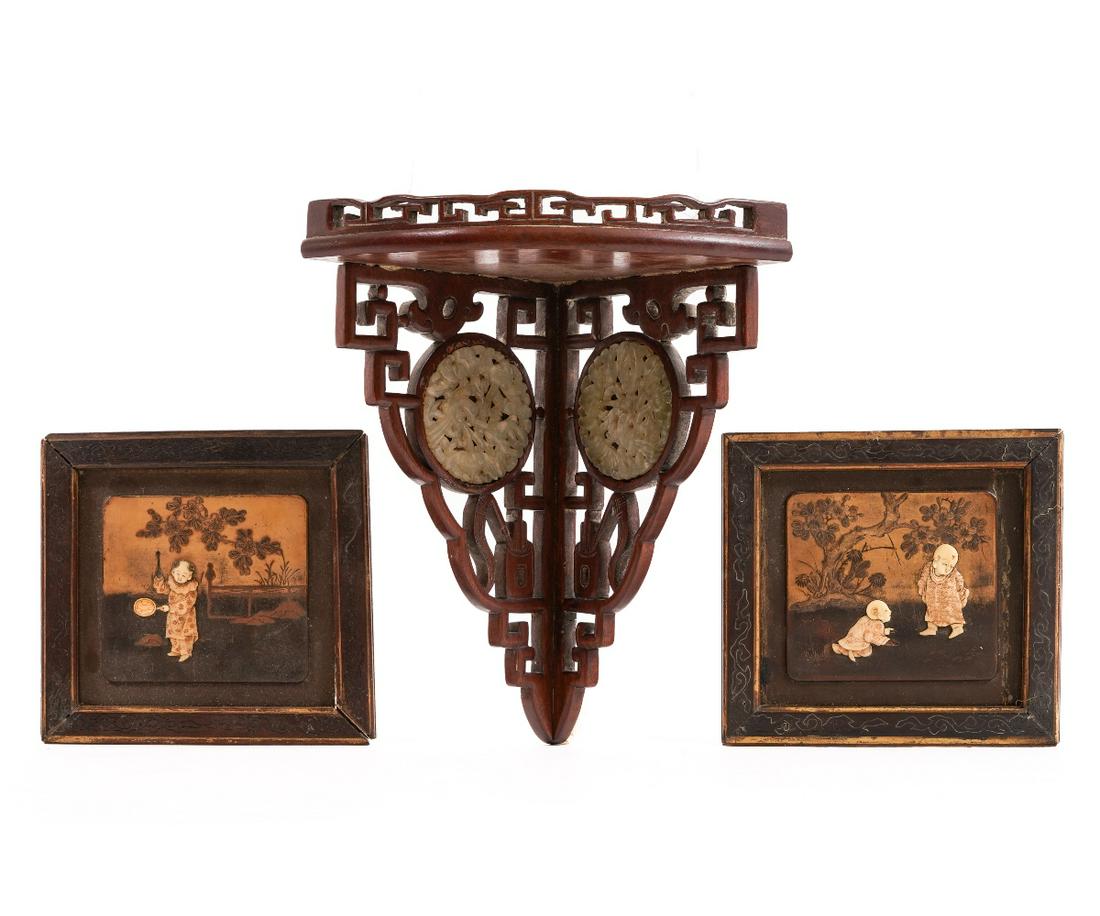 PAIR CHINESE FIGURES ON PANEL: Pair of small Chinese raised relief figures on panels; together with a wood carved small corner shelf with circular jade inserts. Panels: 6.25" x 6.5" oa / Shelf: 8"h x 9"w x 6"d