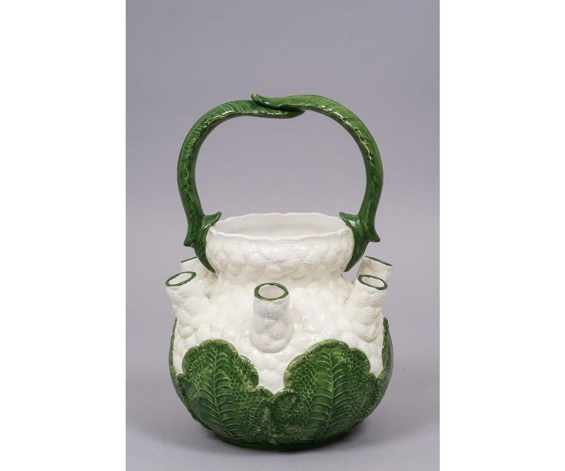 MOTTAHEDEH CAULIFLOWER FLOWER POT: Mottahedeh ceramic cauliflower flower pot with handle, marked "Italy". 10.5"h x 7.5"dia
