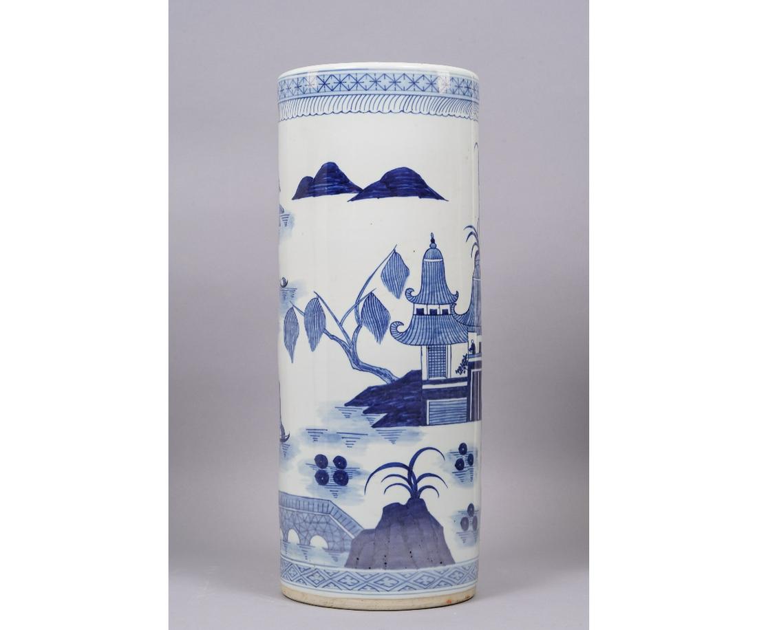 CANTON BLUE/WHITE UMBRELLA STAND: Chinese Canton blue & white porcelain umbrella stand, probably 20th c. 23.75"h x 9.25"dia