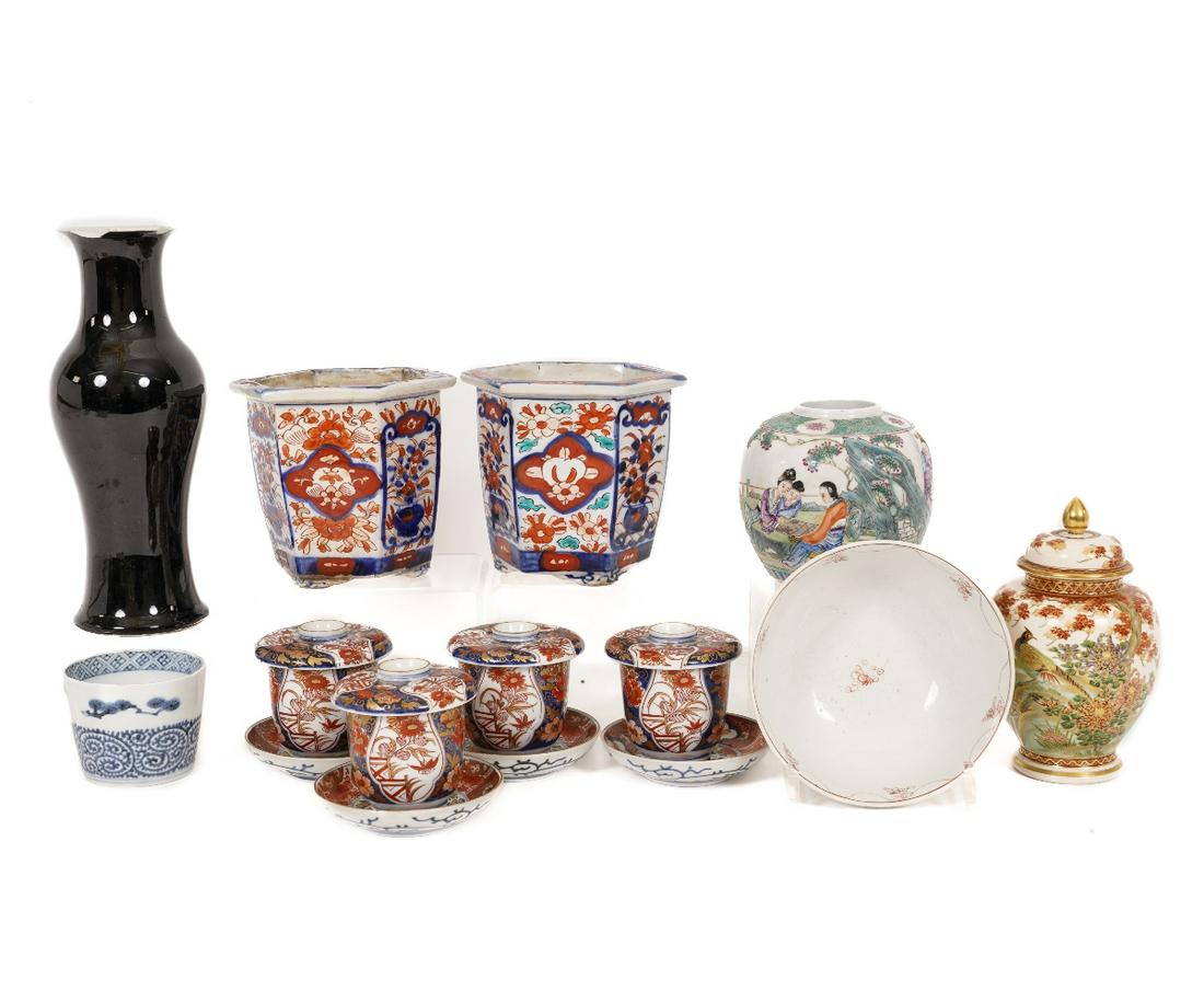 ASIAN PORCELAIN TABLEWARE: Asian porcelain tableware to include a pair of Imari planters, a black vase (damaged), ginger jar etc.; together with an English bowl, mostly late 19th c. Vase: 10.25"h x 4"dia / Planters: 5.25"h x 6"