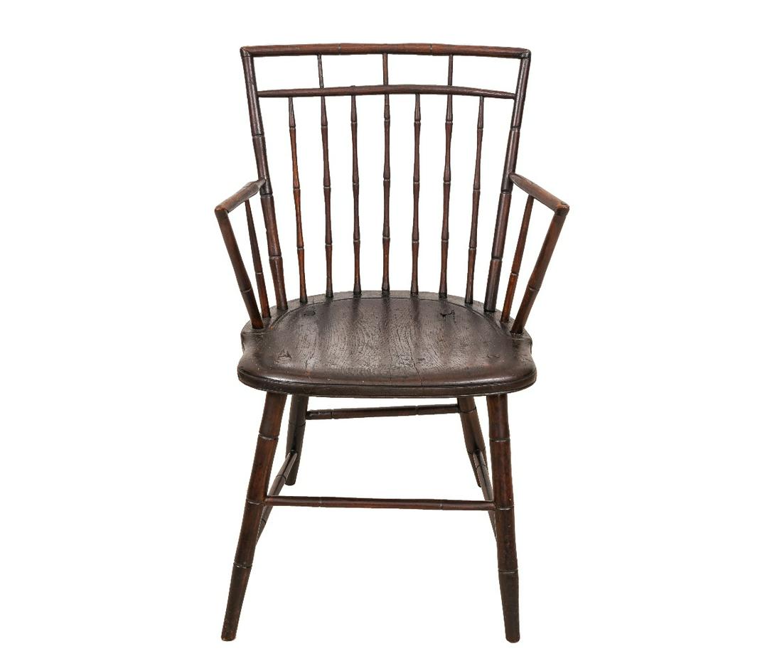 F.D.MERRION WINDSOR ARMCHAIR: F.D. Merrion, Philadelphia, PA Windsor bamboo turned armchair, circa 1830, stamped. 33"h x 21"w x 16.5"d / 17" sh