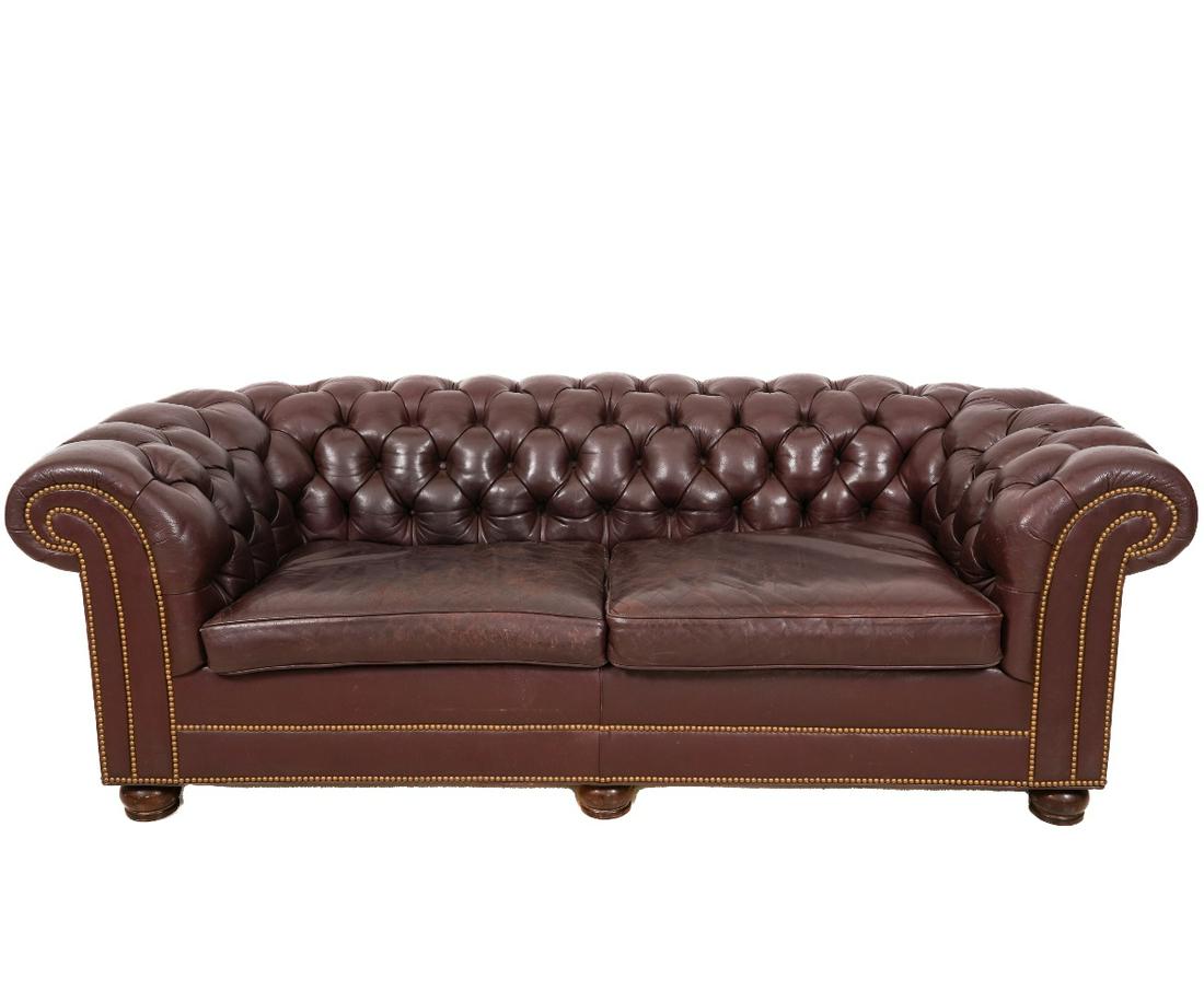 HANCOCK & MOORE LEATHER SOFA: Hancock & Moore tufted leather club sofa with brass studs. 28"h x 89"w x 37"d / 17.5" SH