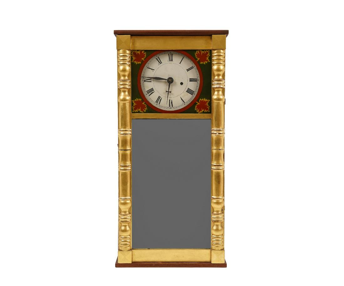 JAMES COLLINS MIRROR CLOCK: James Collins gilt decorated mirror clock, New Hampshire, circa 1840. 28"h x 13.25"w x 4"d