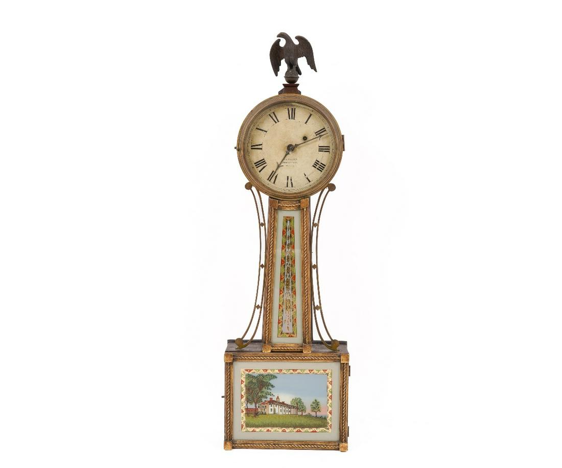 J. J. BEALS BANJO CLOCK: J. J. Beals, Boston, mahogany banjo clock with reverse painted eglomise throat panel and lower door. 33.5"h x 10.25"w x 4"d