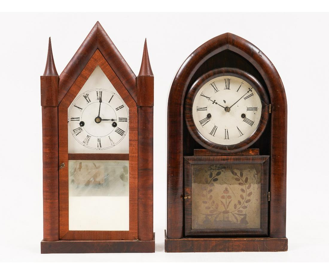 ELISHA MANROSS STEEPLE CLOCK: Elisha Manross mahogany steeple clock, circa 1848, with original label; together with a beehive clock by A. Caswell, circa 1860. Both approximately: 19"h x 10.5"w x 4"d