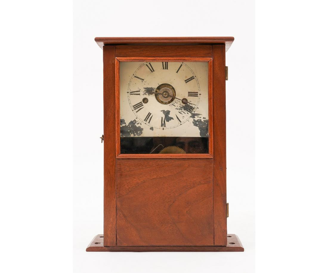 SETH THOMAS DAMPER CLOCK: Seth Thomas mahogany cased control furnace damper clock with spring roll. Very heavy works. 15.25"h x 11.5"w x 4"d