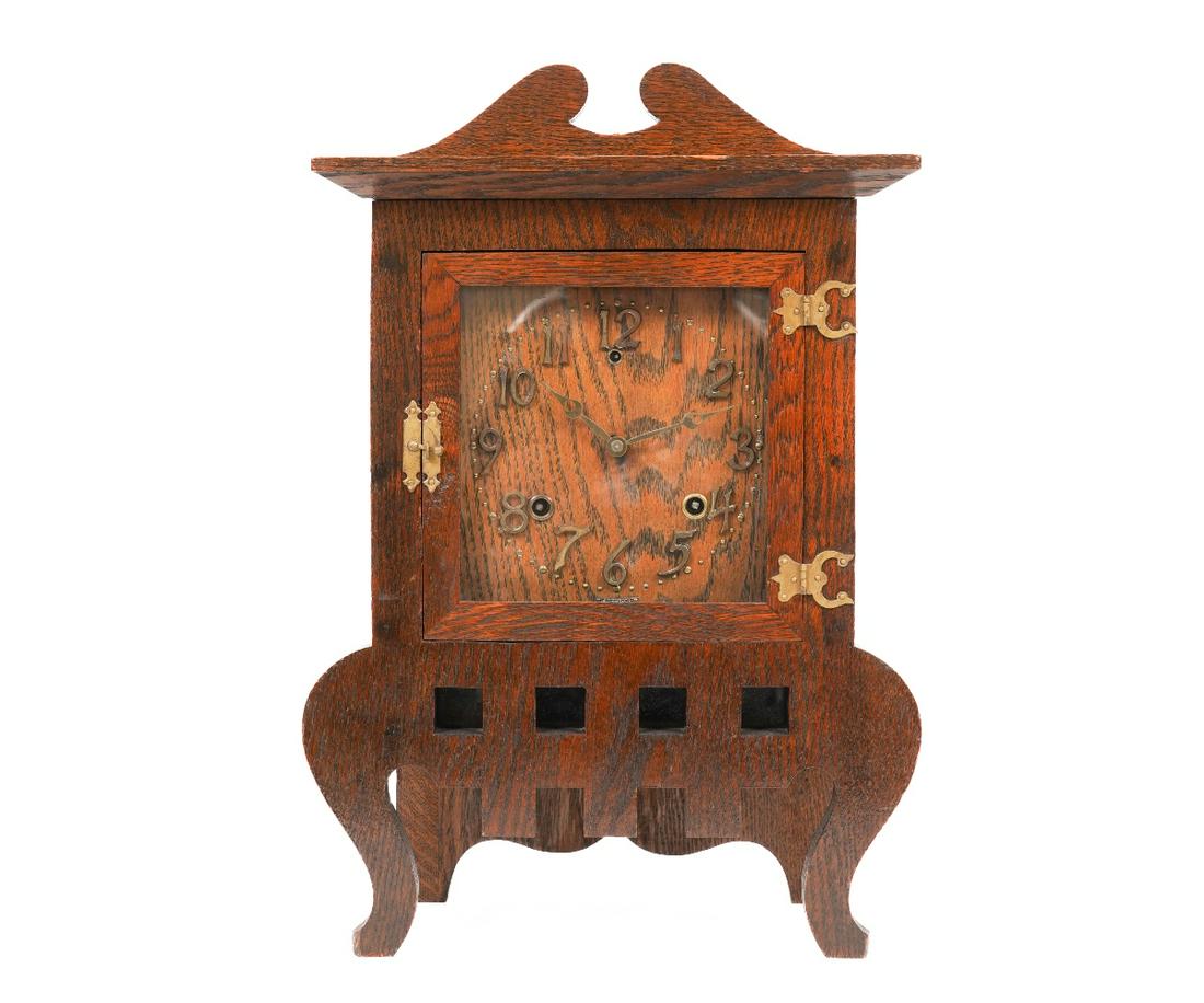 ARTS & CRAFTS MANTEL CLOCK: Sessions Iona Clock Co., Forestville, CT, Arts & Crafts mission oak mantel clock with original label. 18.5"h x 11.75"w x 6.25"d