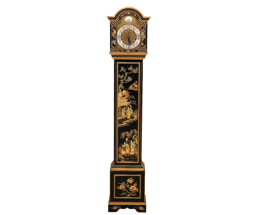 WESTMINSTER & WHITINGTON CLOCK: Westminster and Whitington chinoiserie cased clock, 20th c., F. W. Elliot Ltd., Roydon, England, seven jewels. 63.5"h x 12.75"w x 8"d