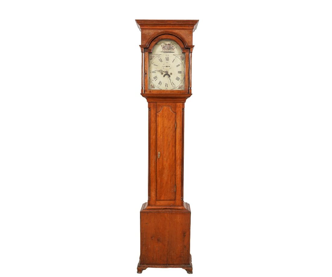 PENNSYLVANIA CHERRY TALL CASE CLOCK: Pennsylvania cherry tall case clock, circa 1790, with 8-day works, Roman numerals, calendar wheel and second hand. 89"h x 20"w x 11"d