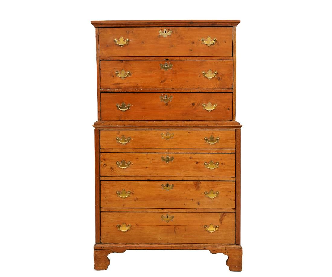 ENGLISH CHIPPENDALE CHEST ON CHEST: English Chippendale pine chest on chest. 62.5"h x 36.5"w x 20"d