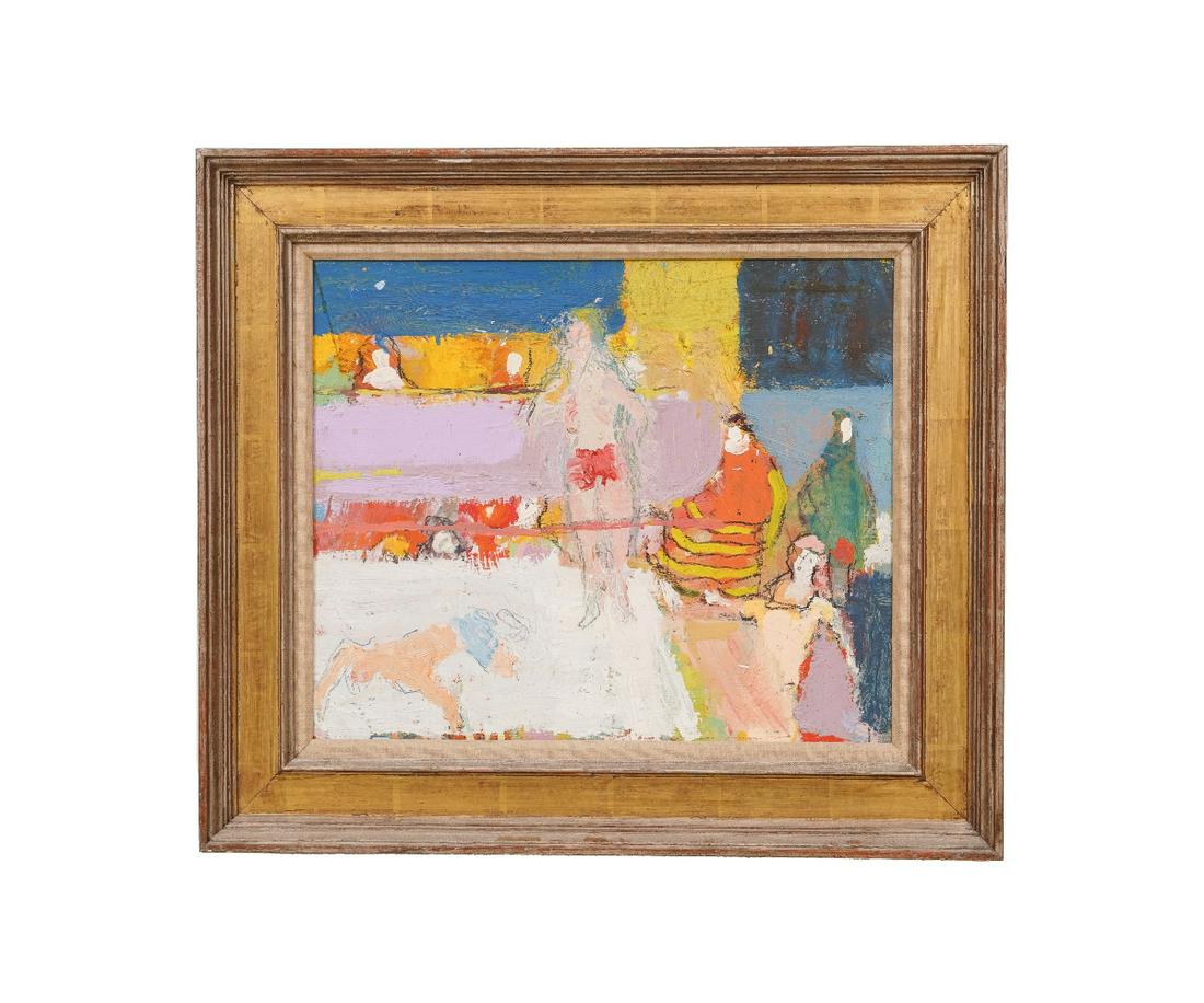 HUMPERT L. HOWARD OIL: Humpert L. Howard (1905 - 1990, PA/NY) oil on board of a wrestler in a ring with other figures, signed upper right and dated '69. 14" x 16.75" ss / 20" x 23" oa